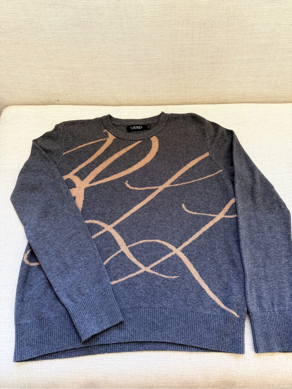 Lauren Ralph Lauren Charcoal Gray Crewneck Sweater with Tan Script Motif